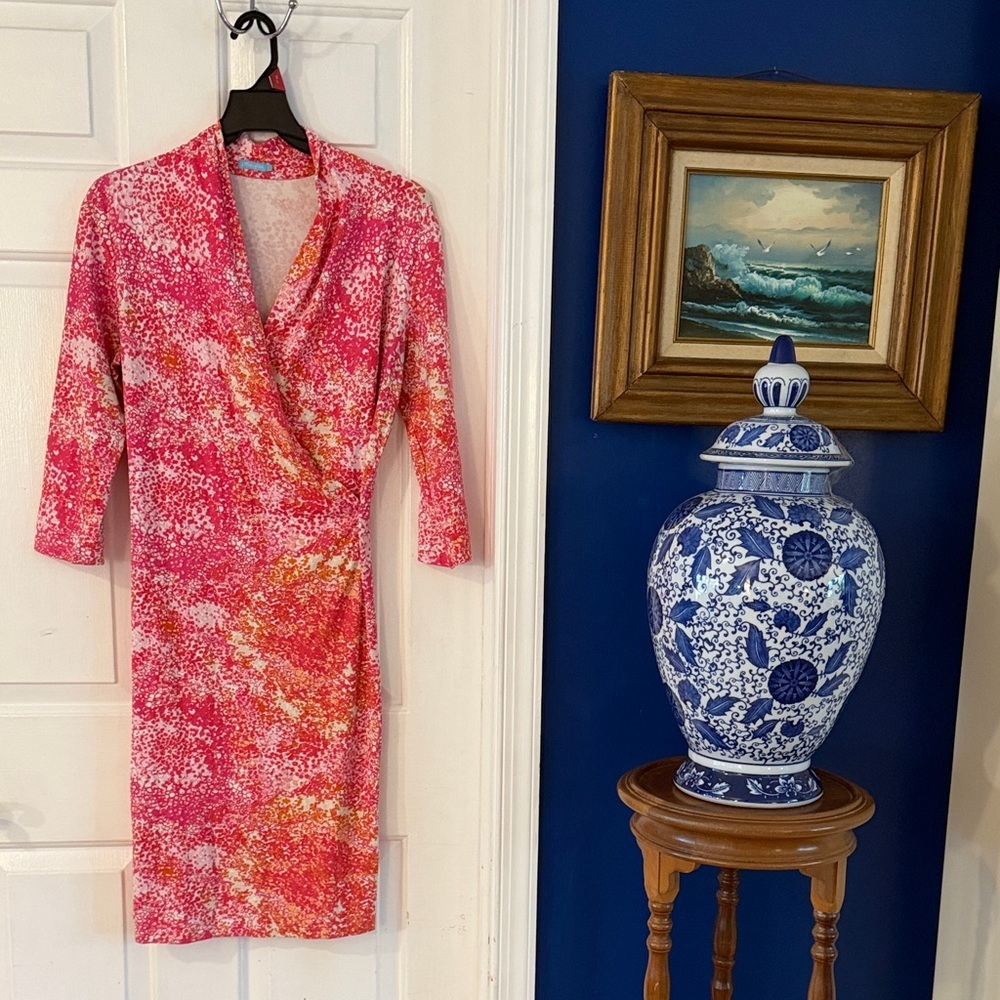 Women’s J. McLaughlin Catalina Cloth Pink & Orange Cross Over Wrap Dress Size L